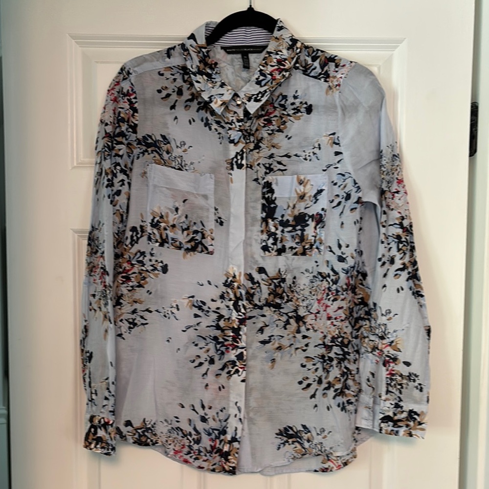 White House Black Market Floral Button Down Shirt - Blue and Black